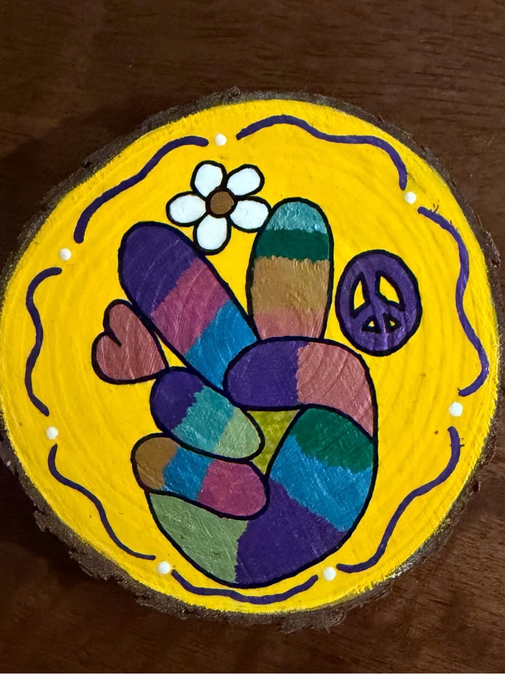 Hand-Painted Peace magnet on a Wood Slice - Bright Yellow Background